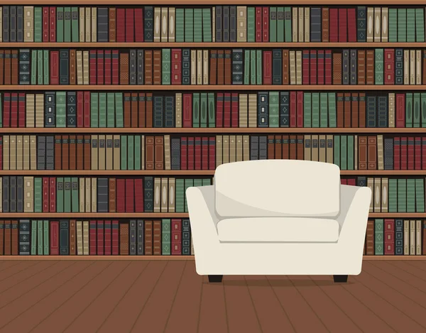 Intérieur Bibliothèque Fauteuil Blanc Sur Fond Bibliothèque Vieux Livres Sur — Image vectorielle