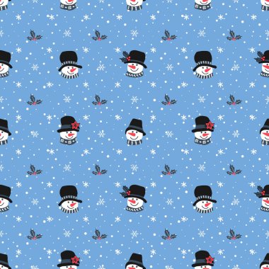 Noel Kusursuz Düzen. Komik Kardan Adam Kafaları ve Kar Taneleri ile Kış Arkaplanı. Mavi Arkaplanda Vektör illüstrasyonu