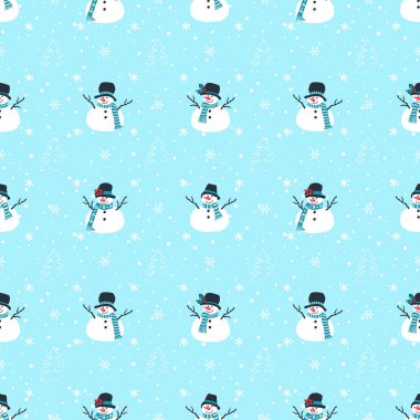 Noel arkaplanı. Komik kardan adamlar, firavun ağaçları, kar taneleri olan kusursuz kış desenleri. Mavi Arkaplanda Vektör illüstrasyonu