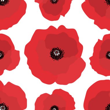 Kırmızı gelincikli çiçek arkaplanı. Büyük Kızıl Çiçeklerle Kusursuz Desen. Beyaz Arkaplanda Vektör illüstrasyonu