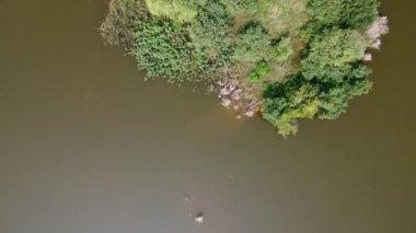 İnsansız hava aracı görüntüsü tatlı su gölünden yükseliyor. Ortasında doğal yeşillik ve manzaralı su manzaralı küçük bir ada var.