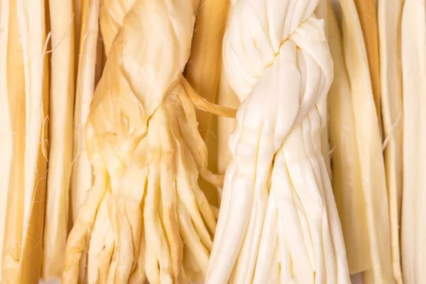 Healthy Snack Smoked String Cheese Kobarcik Selective Focus Copy Space — Stock Photo, Image