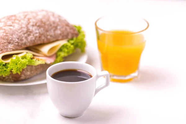 Chiabatta Sandwich Ham Cheese Lettuce Cup Coffee Orange Juice Breakfast — Stock Photo, Image