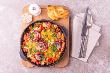 Bir tavada ekmek tost ile Shakshuka. Orta Doğu ve Yahudi geleneksel yemekleri. Domates, biber, sarımsak, soğan, sebze ve otlar ile kızarmış yumurta.