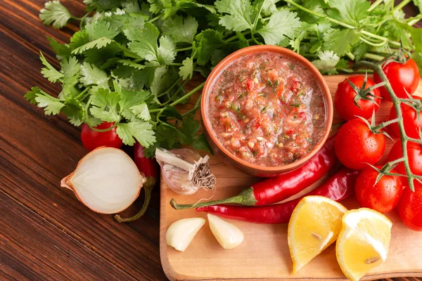 Traditional Mexican Red Spicy Sauce Salsa Ingredients Rustic Wooden Background — Stock Photo, Image