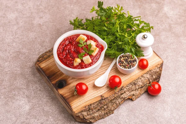 Parlak taze lezzetli domates çorbası malzemeler kil kase ezilmiş. Sağlıklı gıda kavramı. Gri mermer zemin. Kopya alanı