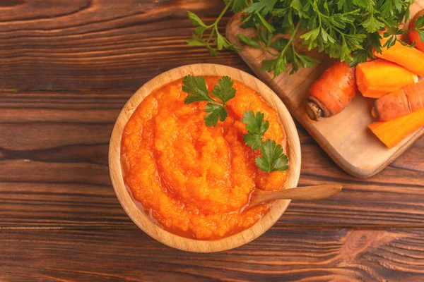 Bright Tasty Pureed Carrot Soup Wooden Bowl Ingredients Healthy Food — Stock Photo, Image
