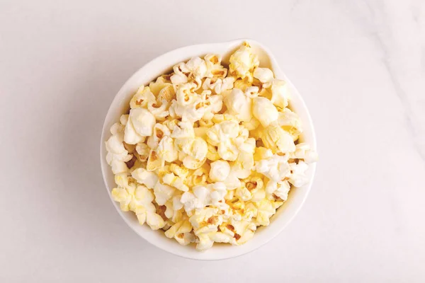Tasty Salty Popcorn Bowl Light Marble Backgraund Pastime Watching Movies — Stock Photo, Image