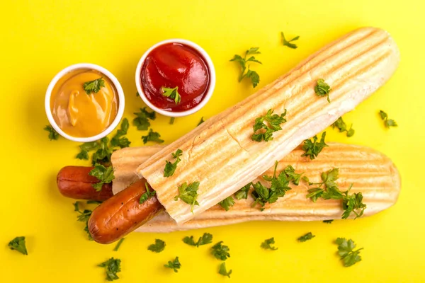 Dois Cachorros Quentes Grelhados Franceses Com Mostarda Ketchup Fundo Brilhante — Fotografia de Stock