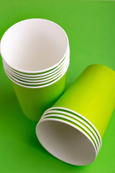 Recycling Paper Cups Drinks Bright Green Background Copy Space Party Royalty Free Stock Photos