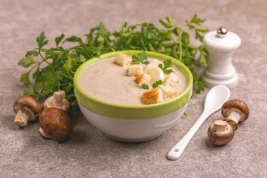 Lezzetli mantar çorbası malzemeler kil kase ezilmiş. Sağlıklı gıda kavramı. Gri ahşap arka plan. Yatay görünüm. Kopya alanı