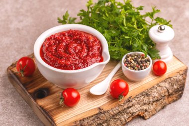 Parlak taze lezzetli domates çorbası malzemeler kil kase ezilmiş. Sağlıklı gıda kavramı. Gri mermer zemin. Kopya alanı