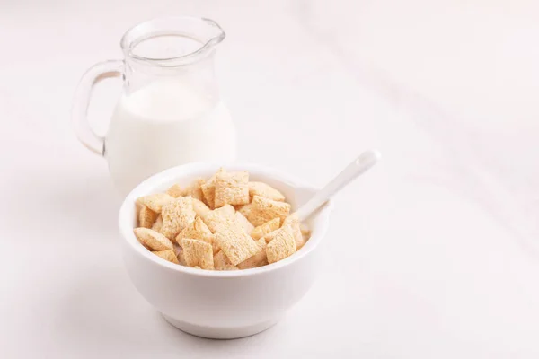 Crispy Corn Pads Clay Bowl Jar Fresh Milk Light Marble — Stock Photo, Image