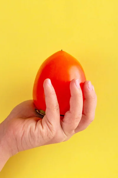 Ripe persimmon fruit woman\'s hand on bright yellow background. Seasonal winter fruit. Copy space
