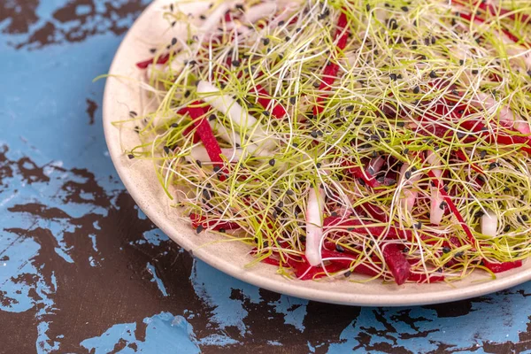 Gezonde Salade Met Rauwe Rode Bieten Radijs Prei Spruiten Plaat — Stockfoto