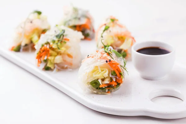 Vietnamese spring rolls with shrimps and vegetables. Copyspace