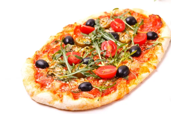Klassische Italienische Pfefferoni Pizza Pinza Mit Oliven Und Rucola Ansicht Stockbild