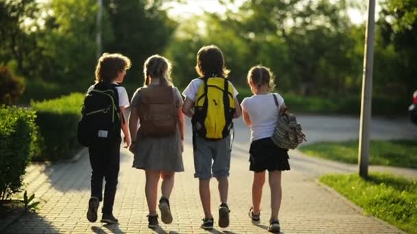 Eine Gruppe von Schülern mit Schulrucksäcken geht zurück in die Schule. Sie haben eine Menge Spaß. — Stockvideo