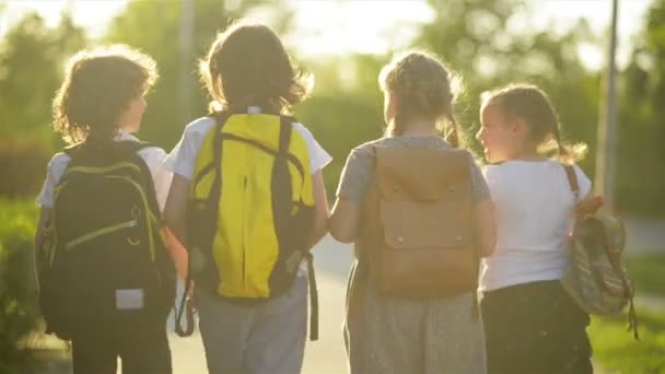 Quatre amis vont à l'école. Ils ont beaucoup de plaisir parce qu'aujourd'hui est leur premier jour à l'école . — Video