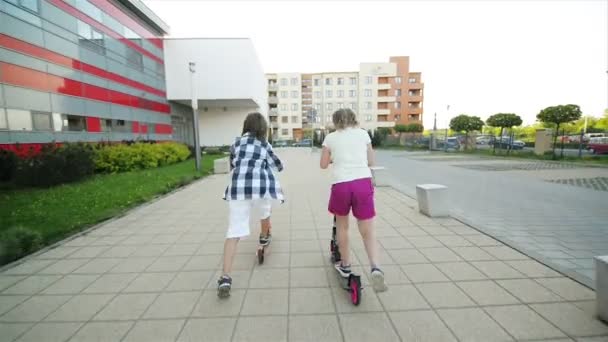 I bambini imparano a cavalcare lo scooter nella giornata estiva soleggiata. I bambini giocano all'aperto con gli scooter. Tempo libero attivo e sport all'aperto per bambini . — Video Stock