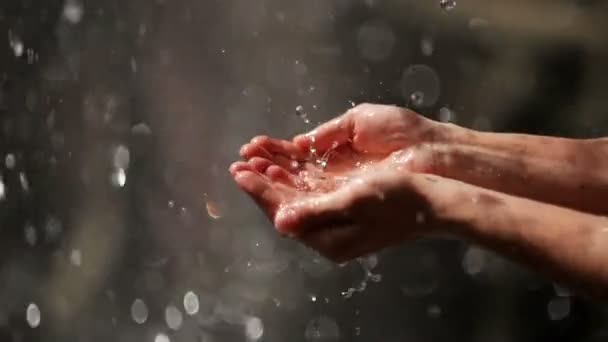 Wassertropfen tropfen auf Frauenhände. Wasser ist die Quelle des Lebens. — Stockvideo