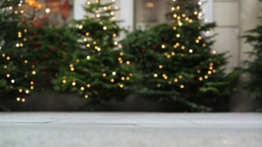 Aşık çift ile onların sevimli köpekleri yürüyüş mesafesindedir. Arka plan üzerinde Noel ağaçları dekorasyonu ile vardır.