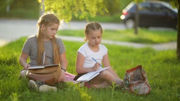 Dzieci, czytanie książki w letnim ogrodzie. Przedszkola znajomych, grając i uczenia się. Dziewczyny robią ich pracy domowej. — Wideo stockowe