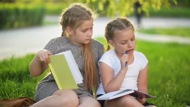 Cutie ragazze che fanno i compiti insieme all'aperto. Stanno ottenendo la conoscenza doposcuola . — Video Stock