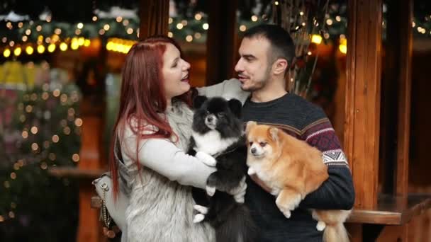 Casal jovem se divertindo ao ar livre na época do Natal. Eles estão segurando Cães Cutie. Feliz Ano Novo Conceito . — Vídeo de Stock