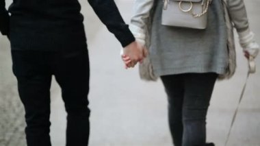 Mutlu çift tutuşup ve birlikte yürüme. Onlarla tatlı köpek. HD, açık havada, neşeli Noel zamanı, dekorasyon