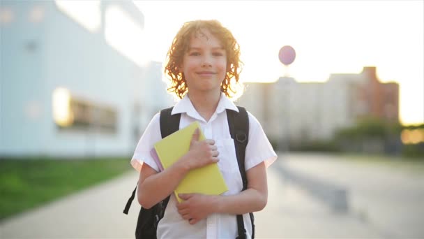 Niño inteligente lindo feliz con bolsa de la escuela y libro en su mano. Mochila moderna. El niño está listo para responder. Primera vez a la escuela. Volver a la escuela . — Vídeos de Stock