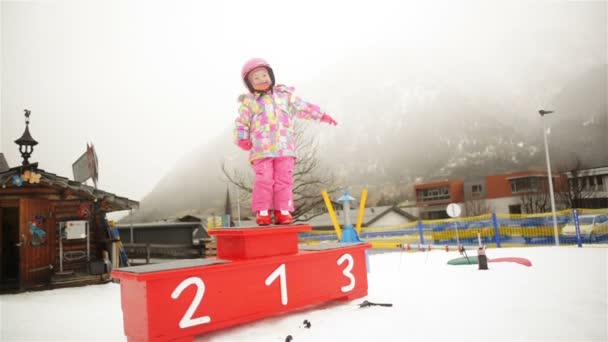 Portrait Of Young Preschool Girl. She Stand On Podium And Posing. — Stock Video