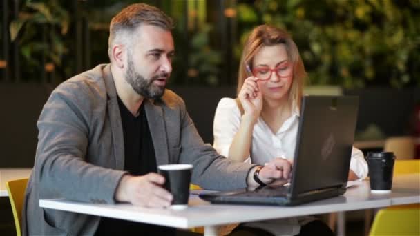 Paar medewerkers die samenwerken op kantoor. Twee zakelijke werknemer voorbereiden van nieuw project op laptop. Ze schrijven de details in een notebook. — Stockvideo