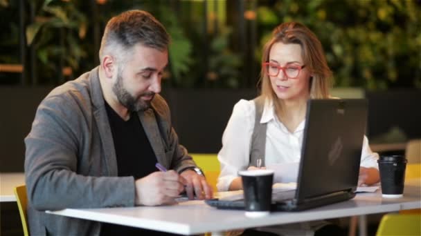 Un paio di colleghi che lavorano insieme all'ufficio. Due operai di affari che preparano il nuovo progetto sul computer portatile. Scrivono i dettagli in un quaderno . — Video Stock