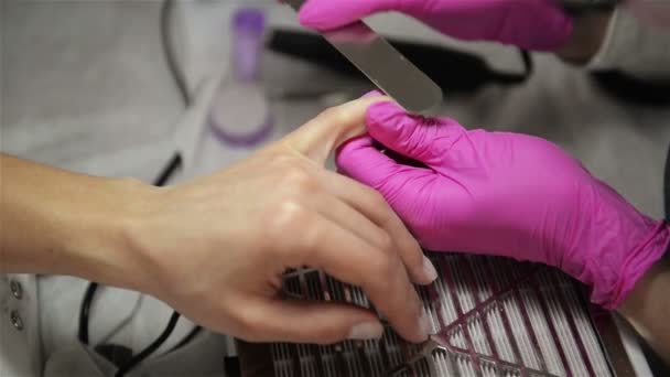 Esteticista retifica a barra de unhas para uma manicure no salão de beleza. Tratamento de unhas, moagem e polimento. Mãos de manicure Faça manicure feminina com cortadores de unhas no salão de beleza . — Vídeo de Stock