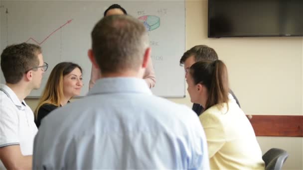 Jungunternehmerinnen und Führungskräfte-Trainer geben Flipchart-Präsentationen für verschiedene Mitarbeitergruppen bei Bürobesprechungen. Mentorinnen beraten Team bei Firmen-Workshop. — Stockvideo