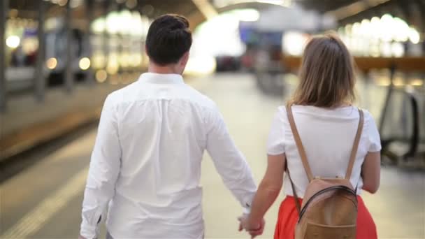 Caucásico atractiva esposa y marido caminando en una estación de tren con maletas sobre ruedas y hablando mientras que tener salida o llegada . — Vídeos de Stock