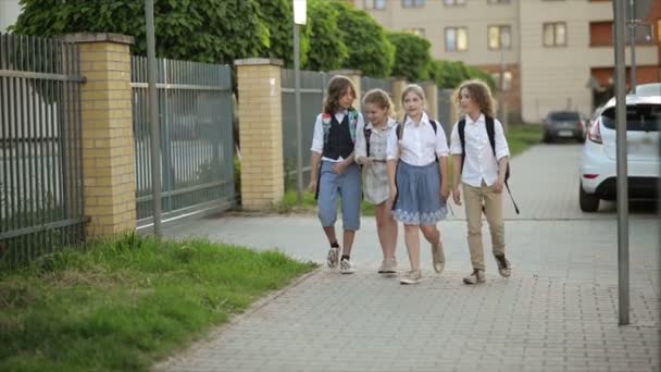 Los escolares con mochilas en la luz del atardecer regresan de la escuela. Niños de vuelta a la escuela — Vídeos de Stock