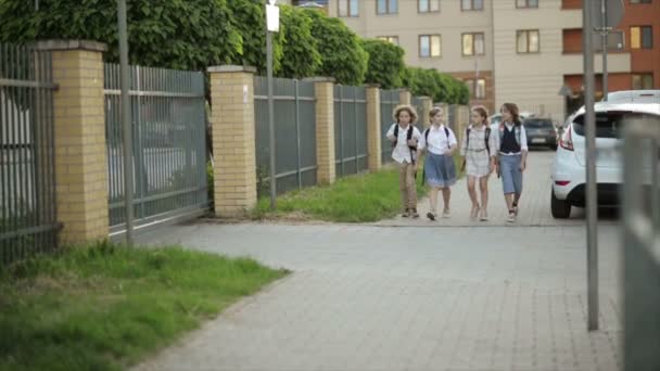Школьники с рюкзаками в лучах заката возвращаются домой из школы. Дети возвращаются в школу — стоковое видео