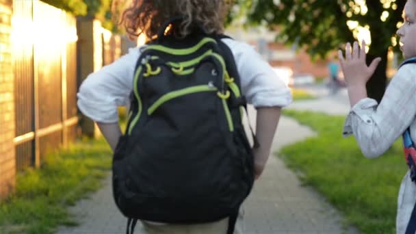 Zwei Mädchen und Jungen, die nach dem Schulunterricht im Park spazieren gehen. Schwester mit ihrem Bruder zurück zur Schule. Sonne ist im Hintergrund. — Stockvideo