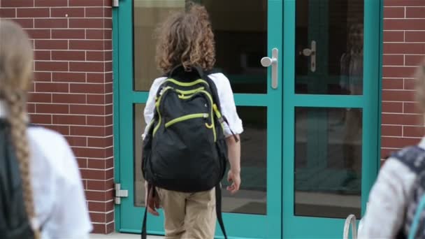 Crianças com mochilas indo para a escola. Dois meninos e duas meninas estão retornando em aulas perto da escola. Voltar para a escola — Vídeo de Stock