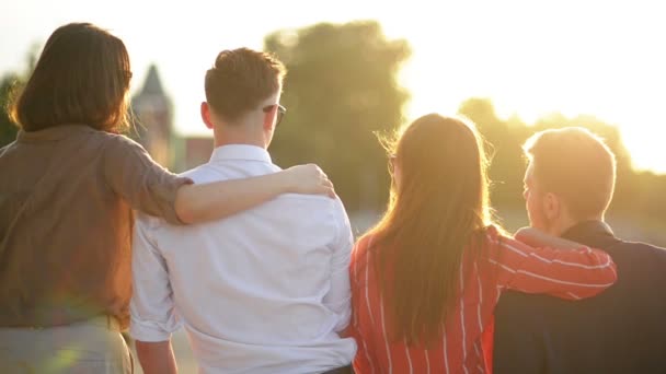 Grupa studentów przebywających w Park Together. Młodzi ludzie cheering z butelki piwa na czas letni. Koncepcja o dobrym i pozytywnym nastroju z przyjaciółmi. — Wideo stockowe