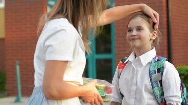 Eğitim, Aile ve Bakım Kavramı. Sevgi Dolu Anne Okul Yakınında Kızı Okul Öğle Yemeği Veren.