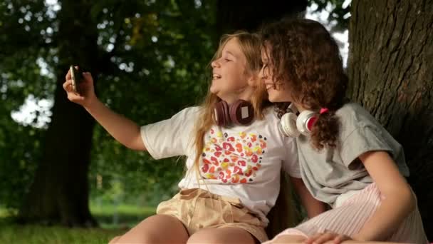 草の上の公園の屋外に座って美しい幸せな女の子の姉妹の学生。親指を上げて携帯電話でセルフィーを撮って休んでいる. — ストック動画