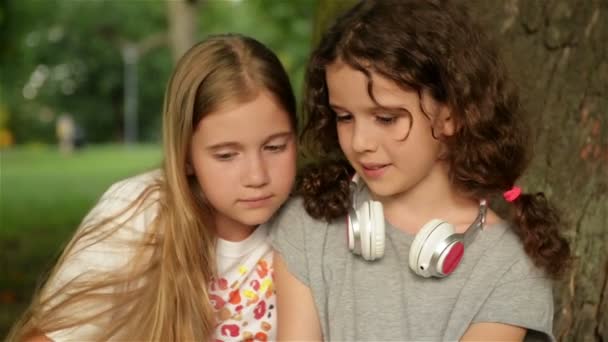 공원 자연에서 여름에 두 십대 소녀. 잔디에 앉아. 그들은 스마트 폰을 들고 사진을 확인. — 비디오