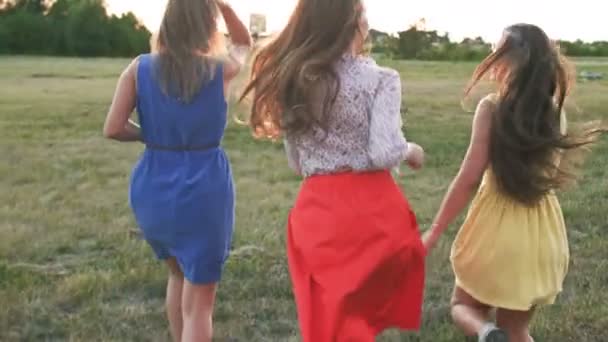 Trois jeunes femmes touristes en vacances d'été marchant sur le parc en robe — Video