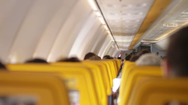 Interior del avión con pasajeros en asientos — Vídeos de Stock