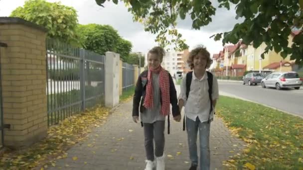 Los niños con mochilas vuelven de la escuela y sonríen. Adolescente chico sosteniendo a mano chica y caminando en parque al aire libre . — Vídeos de Stock