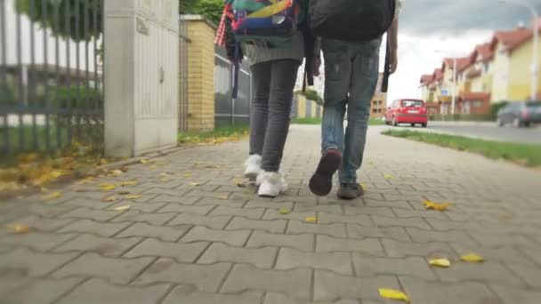 Двое друзей с рюкзаками идут в школу. Сестра со своим братом возвращается в школу. Солнце на заднем плане . — стоковое видео