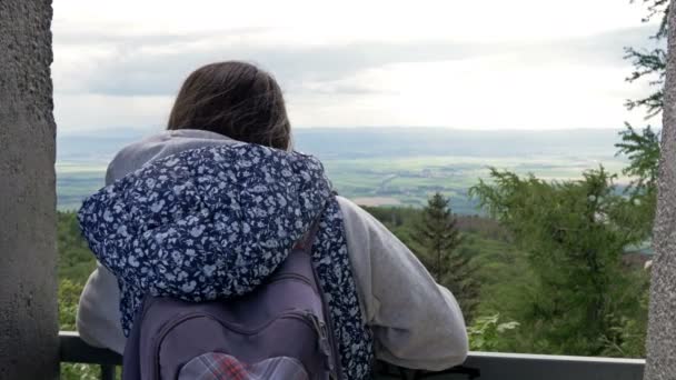 Jonge vrouw met een rugzak van een hoogte bewondert een mooie groene vallei. — Stockvideo